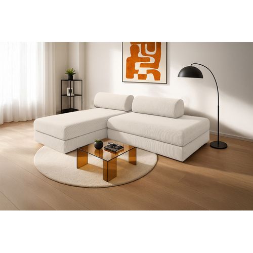 Canapé D'angle Convertible 5 Places - Velours Côtelé - Blanc