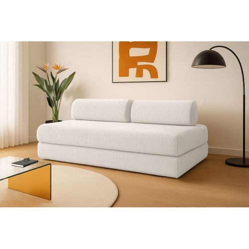 Canapé Droit Convertible 3,5 Places - Velours Côtelé - Blanc