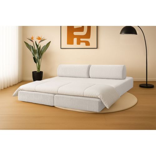 Canapé Droit Convertible 3,5 Places - Velours Côtelé - Blanc