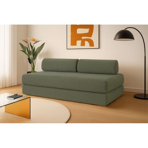 Canapé Droit Convertible 3,5 Places - Velours Côtelé - Vert