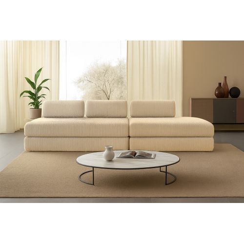 Canapé Droit Convertible 5 Places - Velours Côtelé - Beige