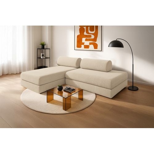 Canapé D'angle Convertible 5 Places - Velours Côtelé - Beige