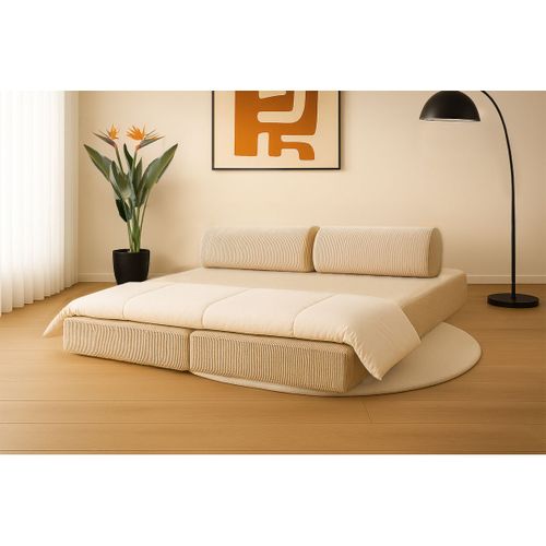 Canapé Droit Convertible 3,5 Places - Velours Côtelé - Beige