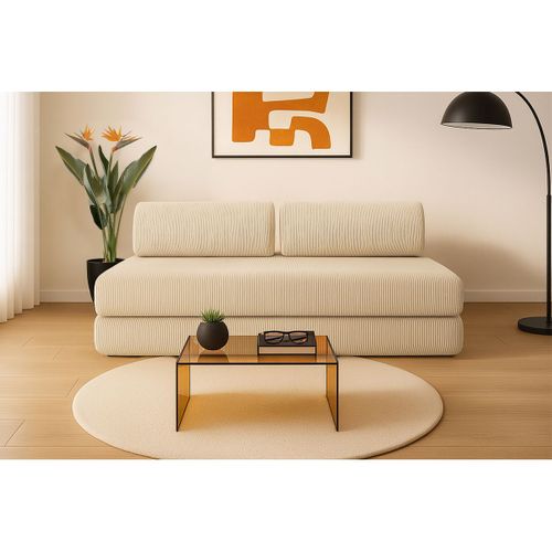 Canapé Droit Convertible 3,5 Places - Velours Côtelé - Beige