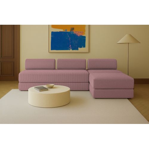 Canapé D'angle Convertible 6 Places - Velours Côtelé XL - Rose