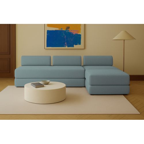 Canapé D'angle Convertible 6 Places - Tissu Lisse - Bleu Vert