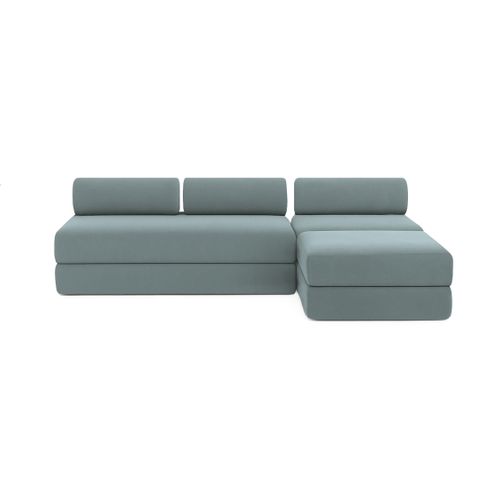 Canapé D'angle Convertible 6 Places - Tissu Lisse - Bleu Vert