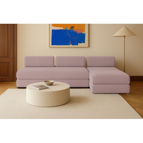 Canapé D'angle Convertible 6 Places - Velours Côtelé - Rose Pâle