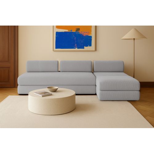 Canapé D'angle Convertible 6 Places - Velours Côtelé - Gris Clair