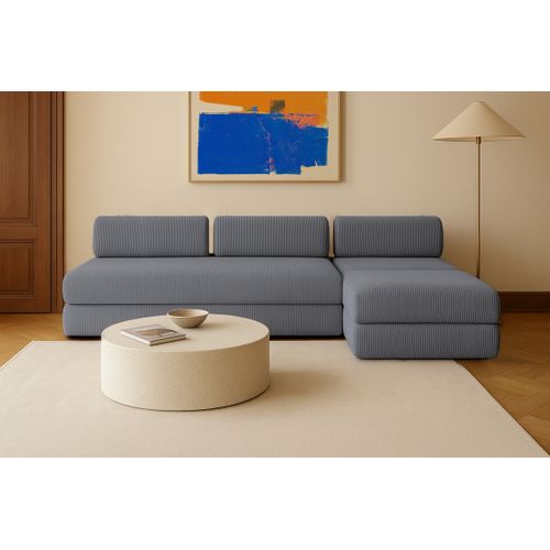 Canapé D'angle Convertible 6 Places - Velours Côtelé - Gris