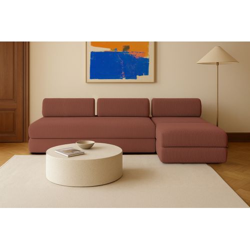 Canapé D'angle Convertible 6 Places - Velours Côtelé - Terracotta