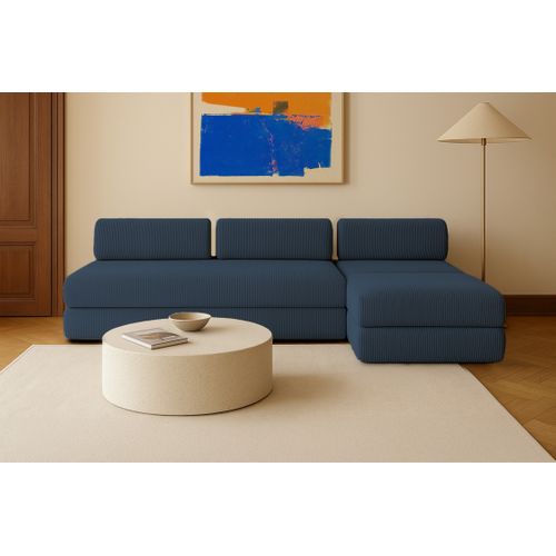 Canapé D'angle Convertible 6 Places - Velours Côtelé - Bleu