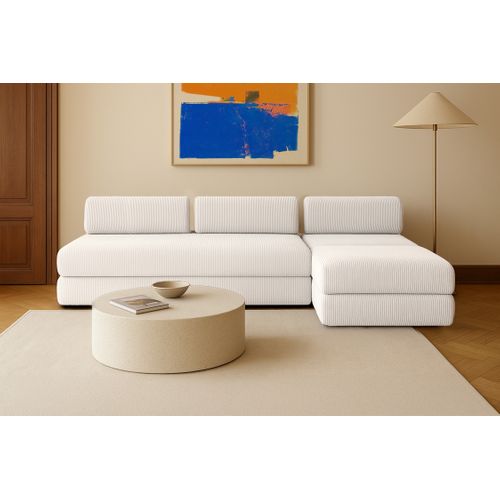 Canapé D'angle Convertible 6 Places - Velours Côtelé - Blanc