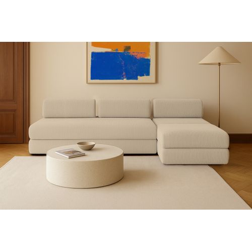 Canapé D'angle Convertible 6 Places - Velours Côtelé - Beige