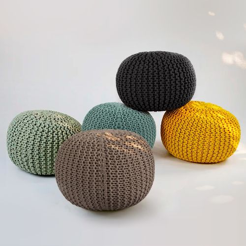Pouf Tricot Rond En Coton Jaune Moutarde D40 Cm - Elisa