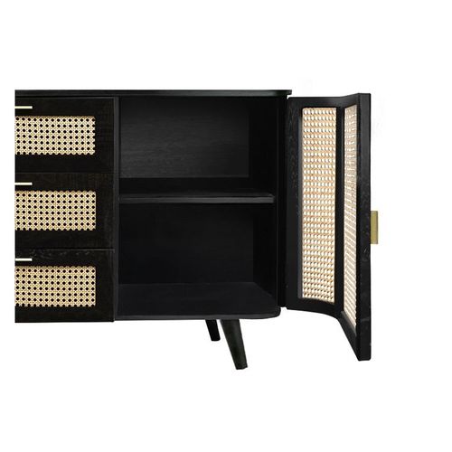 Buffet Noir 2 Portes 3 Tiroirs En Bois De Manguier Et Cannage - Wendy