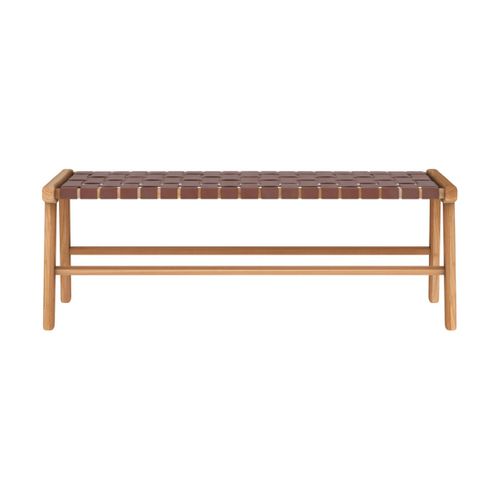 Banc 120 Cm En Cuir Tressé Marron Et Bois De Teck - Kuna