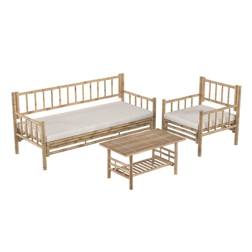 Salon De Jardin En Bambou Avec Canapé, Fauteuil Et Table Basse - Vadella