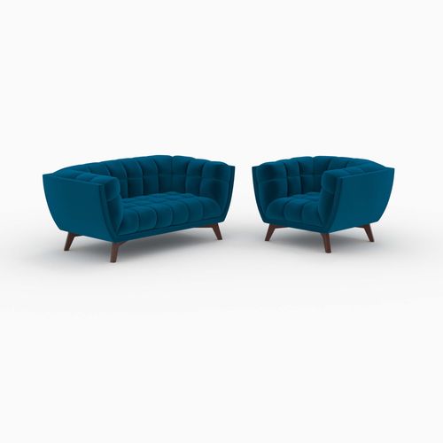 Ensemble Canapé Et Fauteuil En Velours Bleu 3 Places - Mona