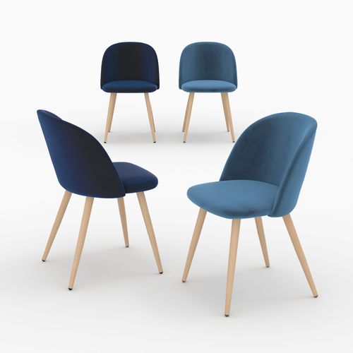 Pack 4 Chaises En Velours Bleu Foncé Et Bleu - Cozy