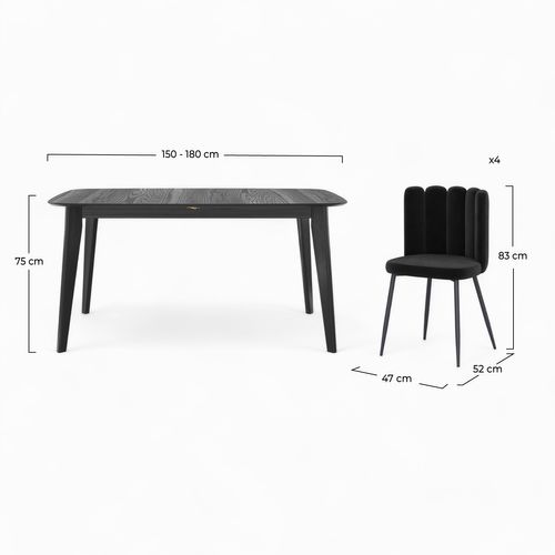 Table Et Chaises 4 Personnes En Velours Et Bois Noir - Oman