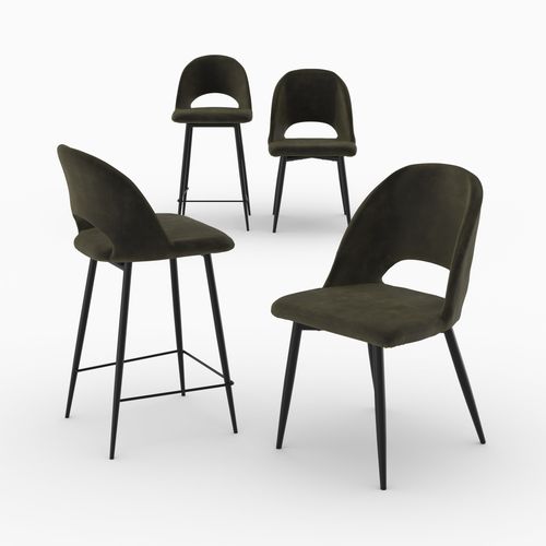 Pack 2 Chaises Et 2 Chaises De Bar 65 Cm En Velours Vert - Pénélope