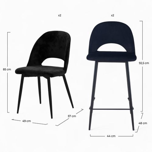 Pack 2 Chaises Et 2 Chaises De Bar 65 Cm En Velours Noir - Pénélope
