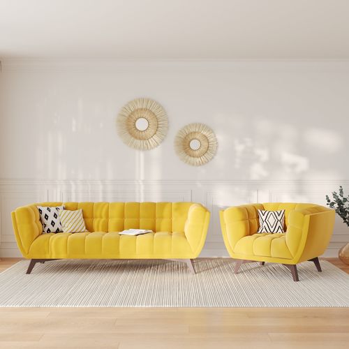 Ensemble Canapé Et Fauteuil En Velours Jaune 4 Places - Mona