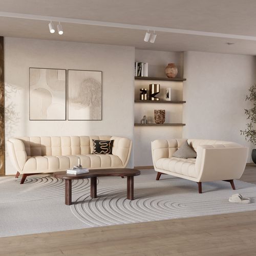 Ensemble Canapés En Velours Beige 5 Places - Mona