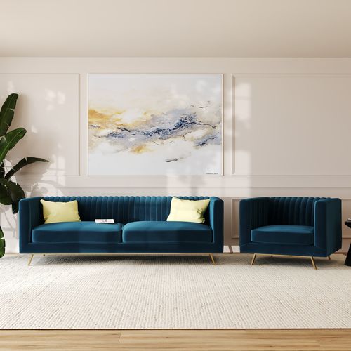 Ensemble Canapé Et Fauteuil En Velours Bleu 3 Places - Gatsby