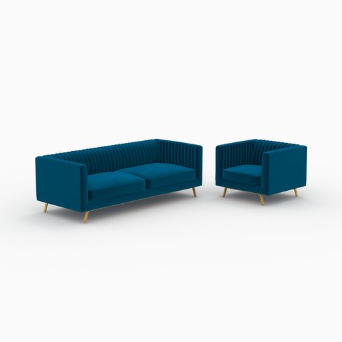 Ensemble Canapé Et Fauteuil En Velours Bleu 3 Places - Gatsby