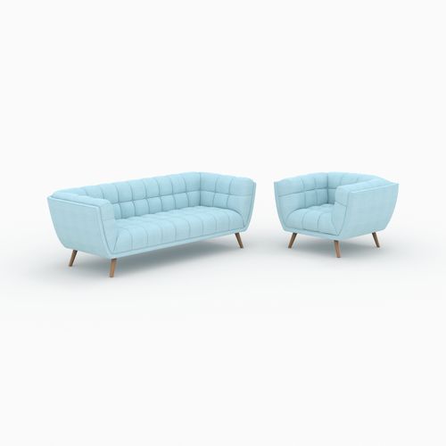 Ensemble Canapé Et Fauteuil En Tissu Bleu Clair 4 Places - Carmen