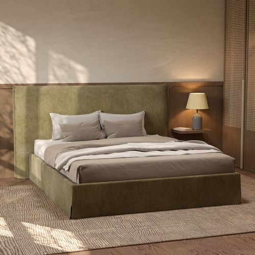 Lit Coffre 160x200 Cm En Tissu Vert Olive Déhoussable - Safia