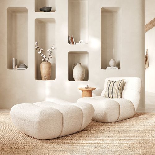 Ensemble Fauteuil Et Pouf En Tissu Bouclé Blanc - Teddy