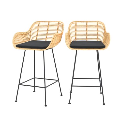 Lot De 2 Chaises Pour Îlot Central 66 Cm En Rotin Et Tissu Noir - Pops