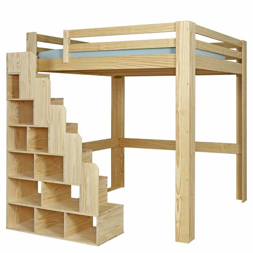 Lit Mezzanine 2 Places Avec Escalier 200x200 Cm Suri Bois