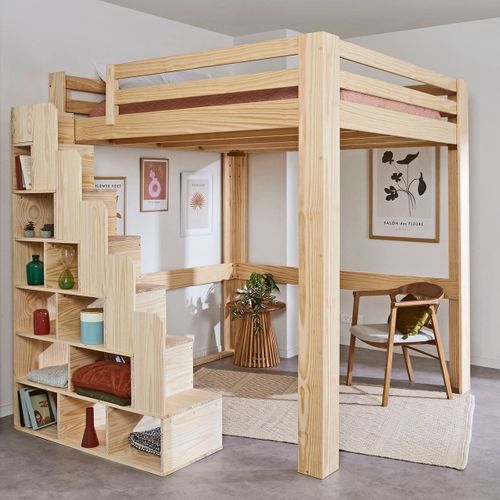 Lit Mezzanine 2 Places Avec Escalier 200x200 Cm Suri Bois