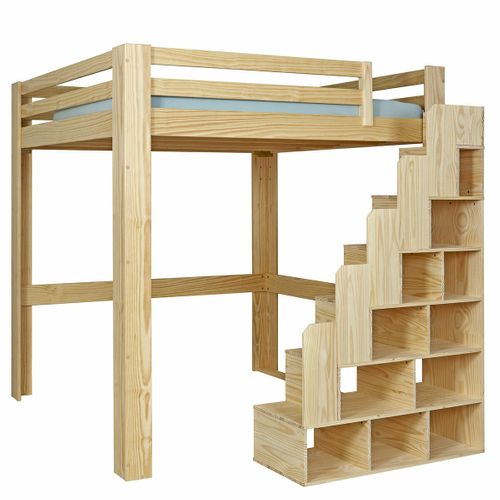 Lit Mezzanine 2 Places Avec Escalier 200x200 Cm Suri Bois