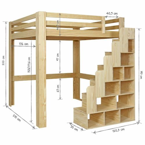 Lit Mezzanine 2 Places Avec Escalier 200x200 Cm Suri Bois