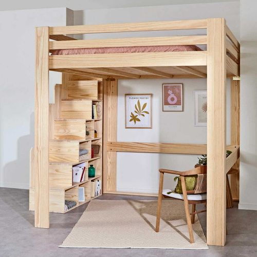 Lit Mezzanine 2 Places Avec Escalier 200x200 Cm Suri Bois