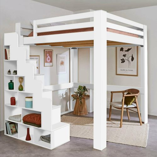 Lit Mezzanine 2 Places Avec Escalier 200x200 Cm Suri Blanc