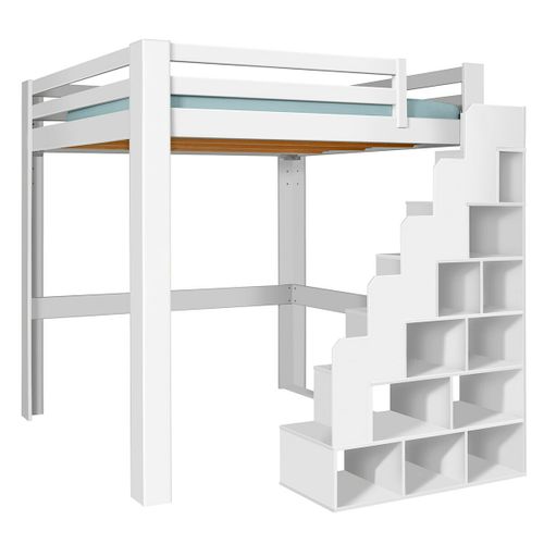 Lit Mezzanine 2 Places Avec Escalier 200x200 Cm Suri Blanc