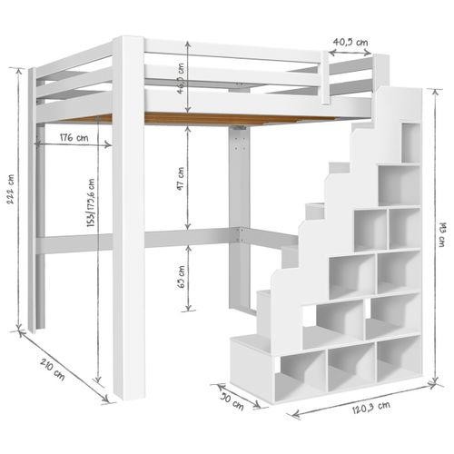 Lit Mezzanine 2 Places Avec Escalier 200x200 Cm Suri Blanc
