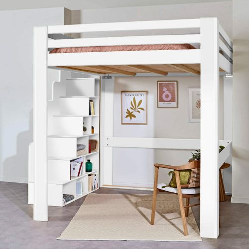 Lit Mezzanine 2 Places Avec Escalier 200x200 Cm Suri Blanc