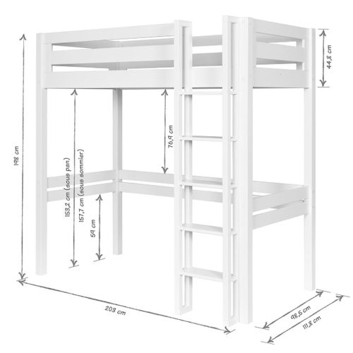 Pack Lit Mezzanine 1 Place Avec Matelas 90x190 Cm Dorsé Blanc