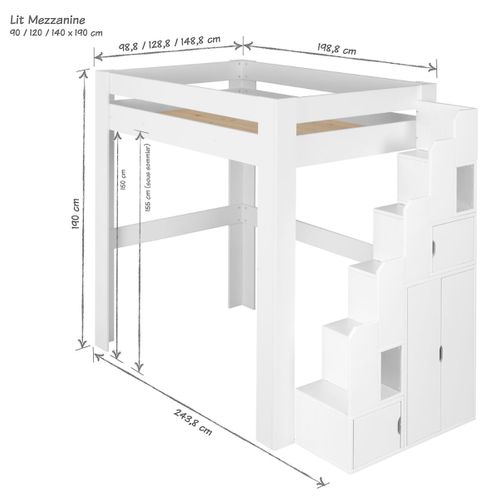 Lit Mezzanine 2 Places 120x190 Cm Lex Blanc