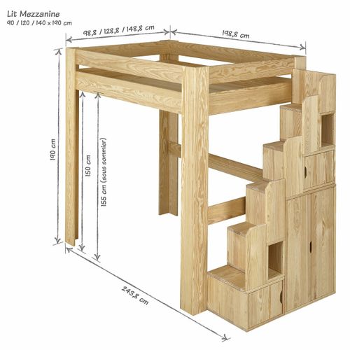 Pack Lit Mezzanine Avec Escalier Et Matelas 90x190 Cm Lex  Blanc Et Bois
