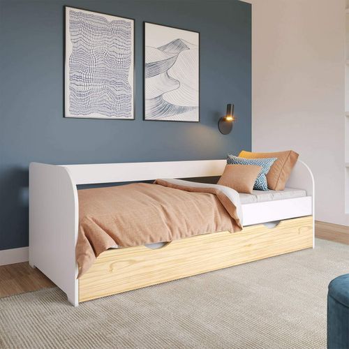 Pack Lit Banquette Gigogne Avec Matelas 80x200 Cm Ezra  Blanc Et Bois