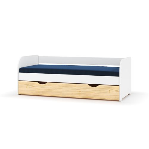 Pack Lit Banquette Gigogne Avec Matelas 80x190 Cm Ezra  Blanc Et Bois
