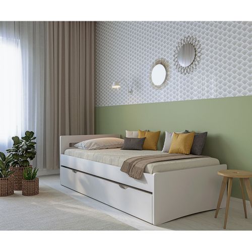 Pack Lit Gigogne Avec Matelas 90x190 Cm Leo  Blanc Et Bois